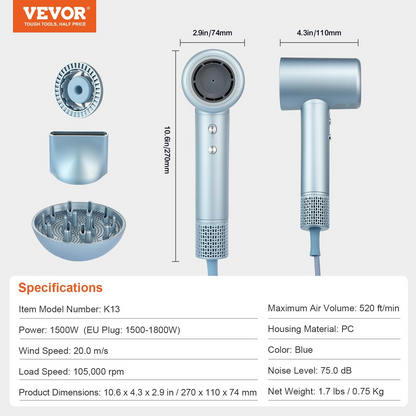 Start2Finish VEVOR high-speed hair dryer with brushless motor, LCD display, diffuser, nozzle, and multiple heat and speed settings.