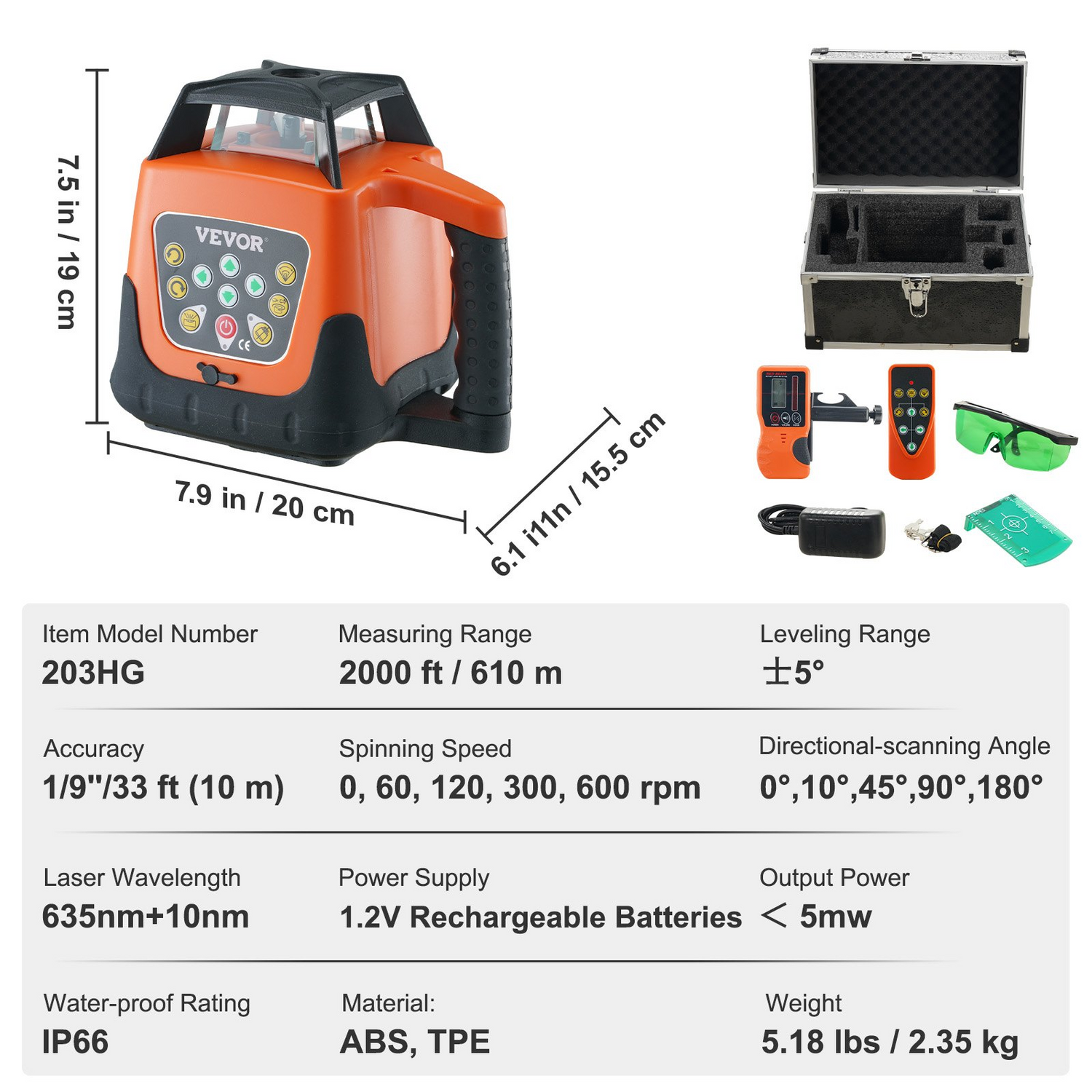 Start2Finish VEVOR laser level with green cross line, 2000ft range, self-leveling, remote control, waterproof, and adjustable rotation speeds.