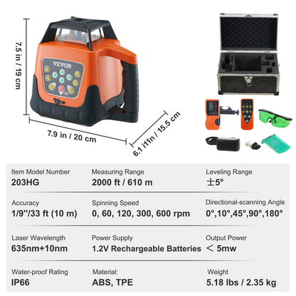 Start2Finish VEVOR laser level with green cross line, 2000ft range, self-leveling, remote control, waterproof, and adjustable rotation speeds.