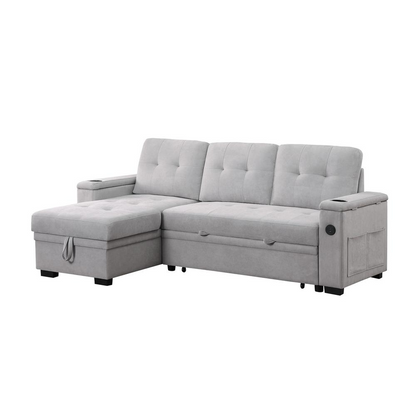 Gray woven fabric reversible sleeper sectional sofa with chaise and cushions, designed by Start2Finish.