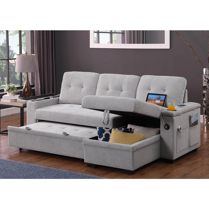 Gray woven fabric reversible sleeper sectional sofa with cushions and chaise lounge, featuring a modern design and clean lines.