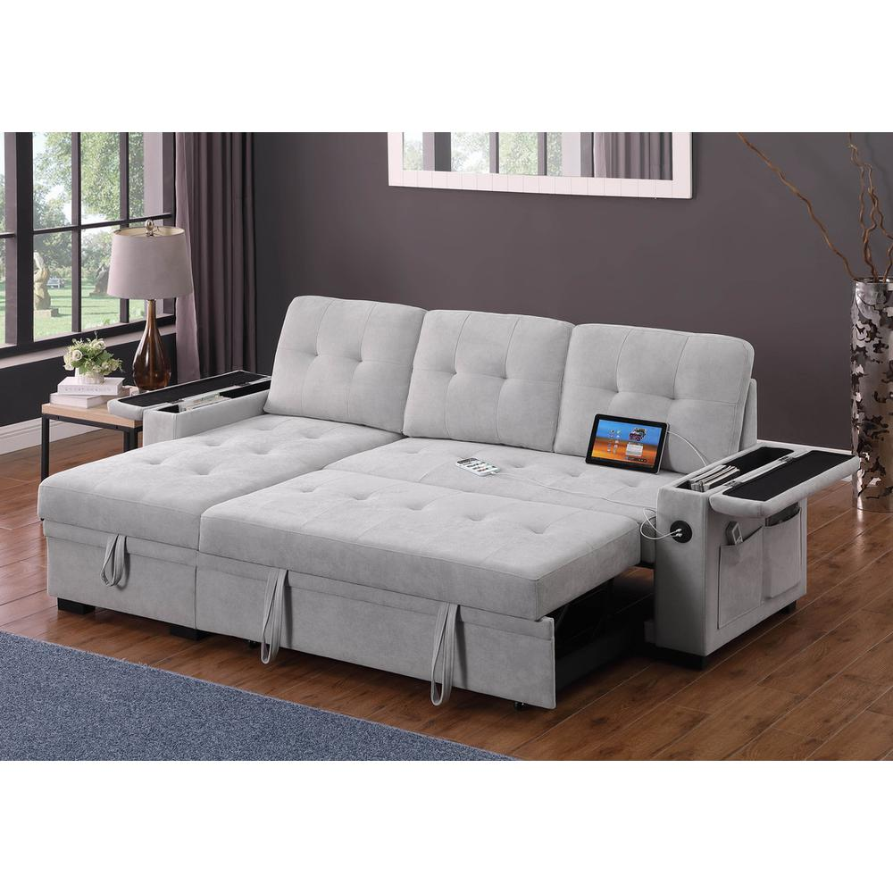Gray woven fabric reversible sleeper sectional sofa measuring 84 inches wide, featuring a modern design and comfortable cushions.