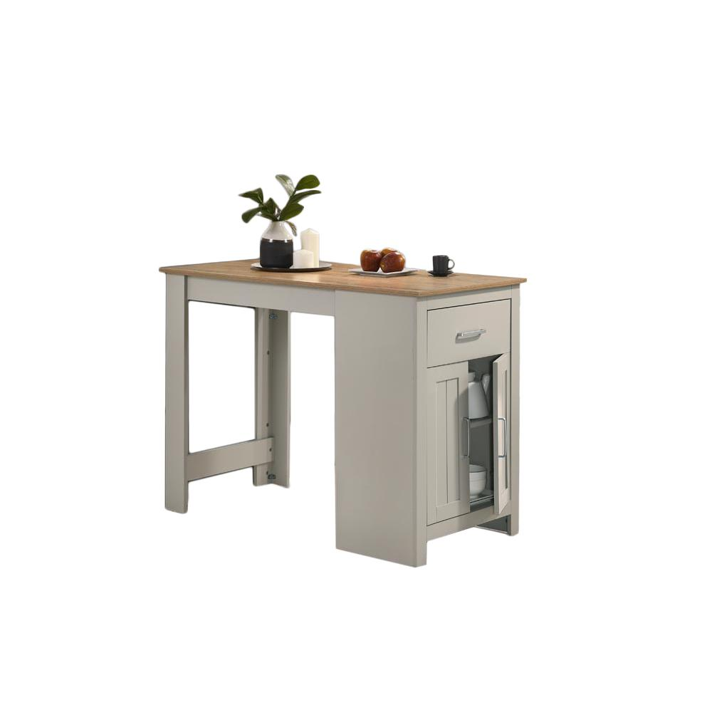 Light gray Start2Finish Alonzo small space counter height dining table with cabinet and drawer storage, shown with chairs and accessories.