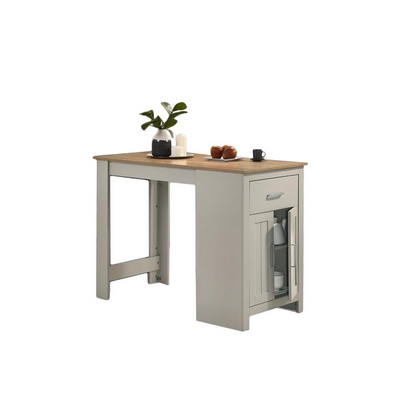 Light gray Start2Finish Alonzo small space counter height dining table with cabinet and drawer storage, shown with chairs and accessories.