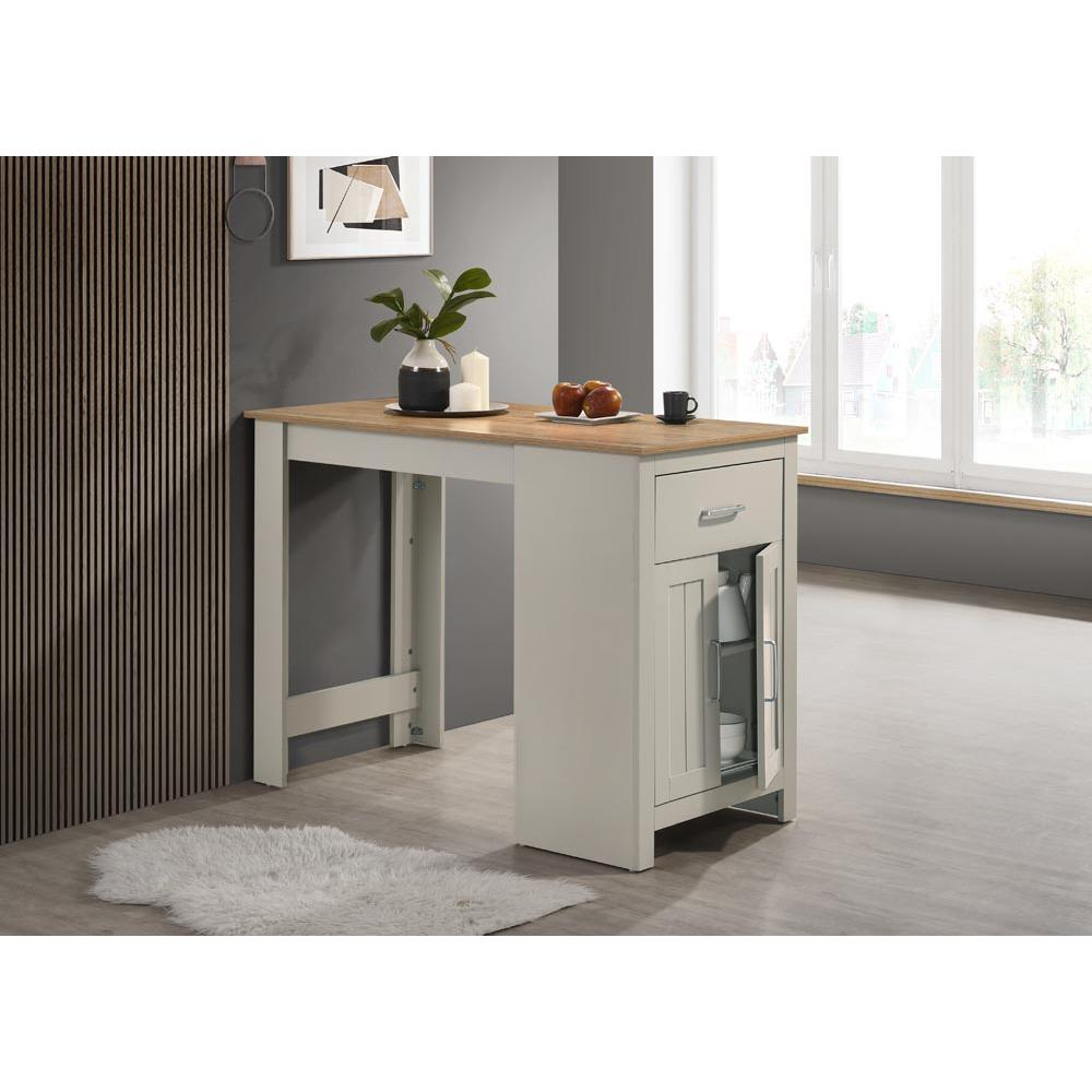 Light gray small space counter height dining table with cabinet and drawer storage, by Start2Finish, shown with tabletop and storage compartments.