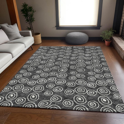 Start2Finish Chantille ACN728 black 10x14 rug with intricate pattern, soft texture, and modern design suitable for living rooms or bedrooms.