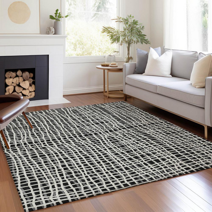 Start2Finish Chantille ACN729 black 10x14 rug with intricate pattern, plush texture, and modern design for living room or bedroom decor.