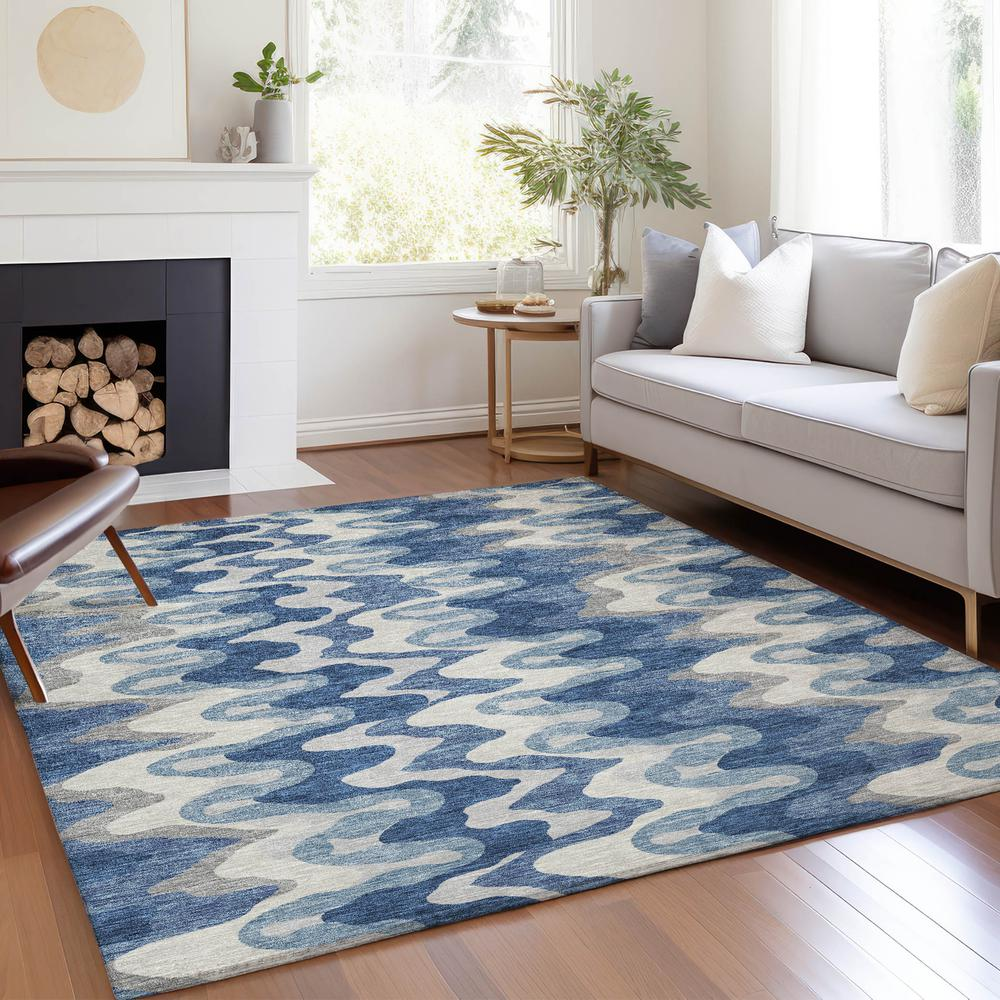Start2Finish Chantille ACN750 blue 10x14 rug with intricate pattern, soft texture, and plush pile for living room decoration.