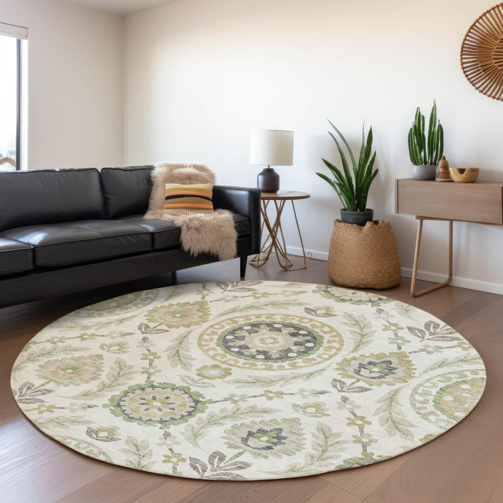 Start2Finish Chantille ACN751 Ivory 8x8 rug with soft woven texture and intricate pattern on beige background.