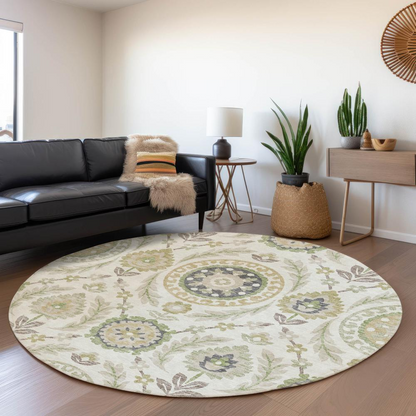 Start2Finish Chantille ACN751 Ivory 8x8 rug with soft woven texture and intricate pattern on beige background.