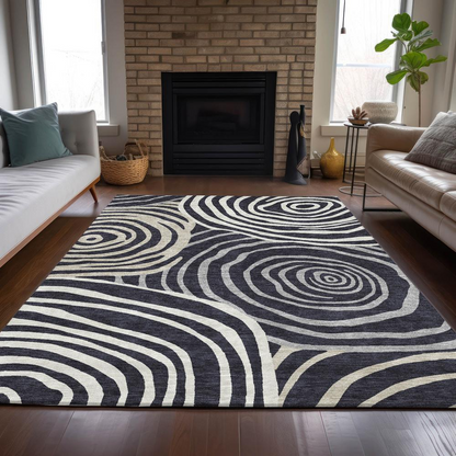 Start2Finish Chantille ACN765 black 10x14 rug with intricate pattern, soft texture, and plush pile, perfect for living room decor.