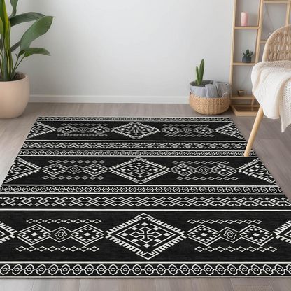 Start2Finish Chantille ACN901 black 8x10 rug with intricate pattern, soft texture, and bold black color in a spacious living room setting.