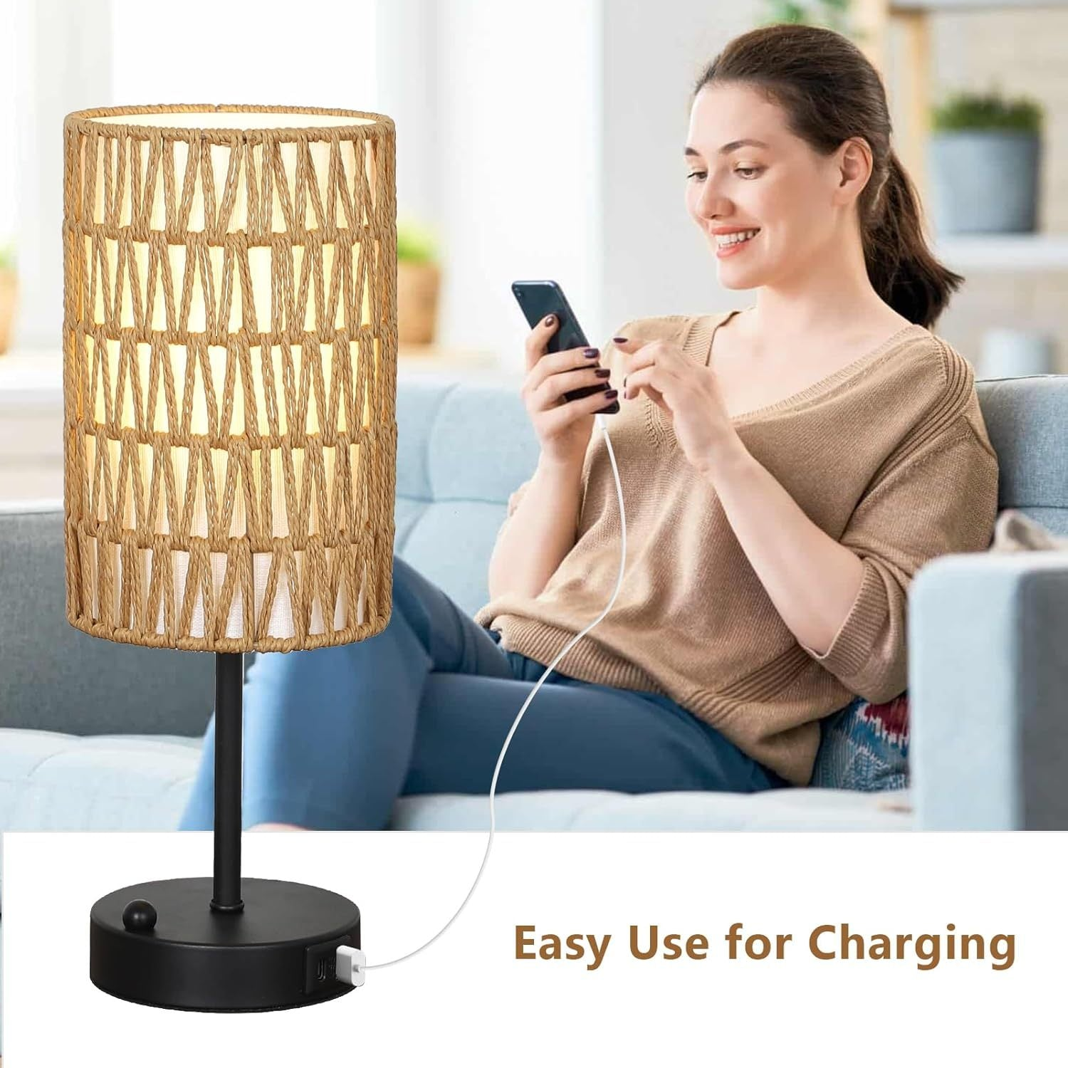 Start2Finish rattan and metal table lamp with brown rattan shade, ideal for dining room, living room, or entryway lighting.