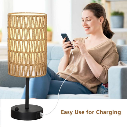 Start2Finish rattan and metal table lamp with brown rattan shade, ideal for dining room, living room, or entryway lighting.
