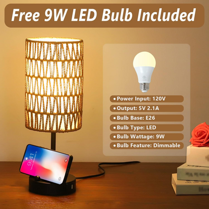 Start2Finish rattan and metal brown table lamp with rattan shade, ideal for dining room, living room, or entryway lighting.