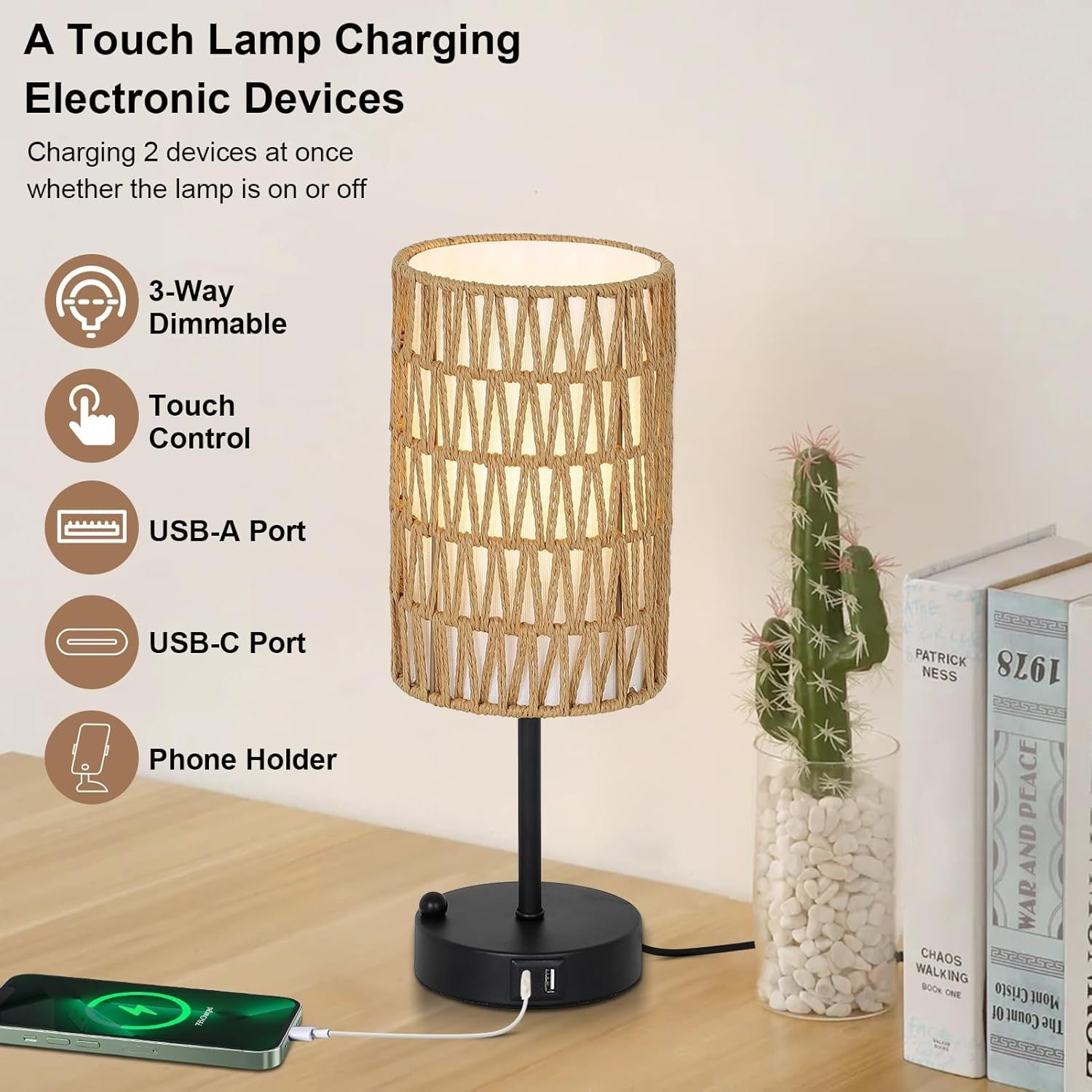 Start2Finish rattan and metal table lamp with a woven rattan shade, ideal for dining, living, or entryway lighting.