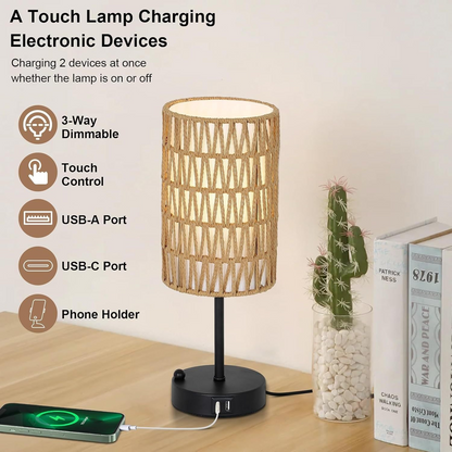 Start2Finish rattan and metal table lamp with a woven rattan shade, ideal for dining, living, or entryway lighting.