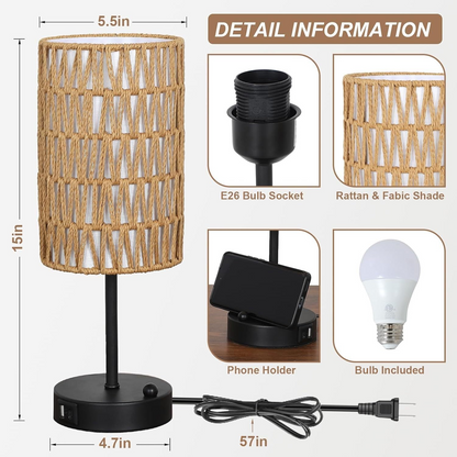 Start2Finish rattan and metal table lamp with a woven rattan shade, suitable for dining, living, or entryway areas.