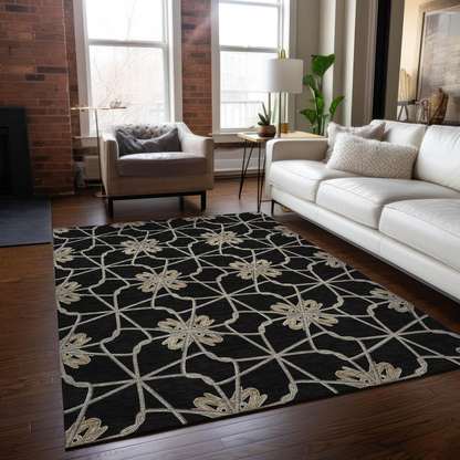Start2Finish Chantille ACN958 black 5x7.6 rug with intricate pattern, soft texture, and plush pile, ideal for modern living spaces.
