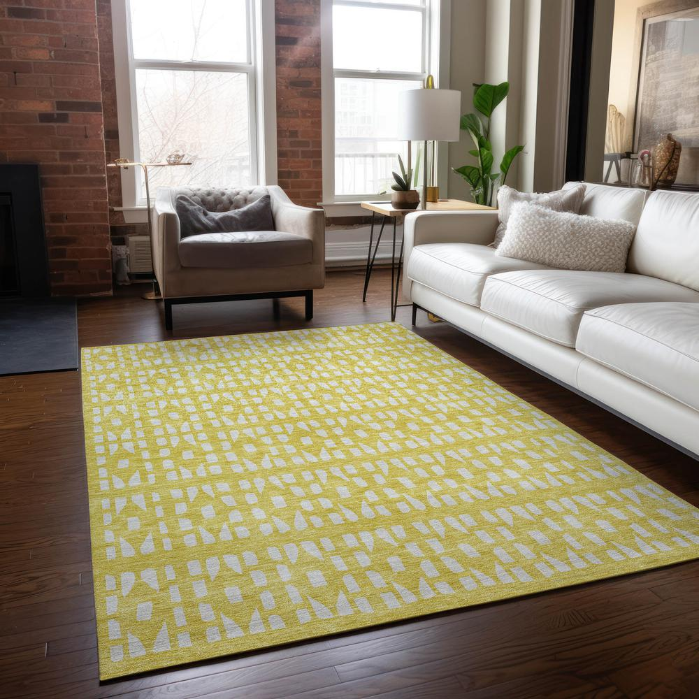 Start2Finish Chantille ACN963 Gold 10x14 rug with intricate pattern, soft texture, and warm gold color on a neutral background.
