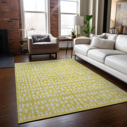 Start2Finish Chantille ACN963 Gold 10x14 rug with intricate pattern, soft texture, and warm gold color on a neutral background.