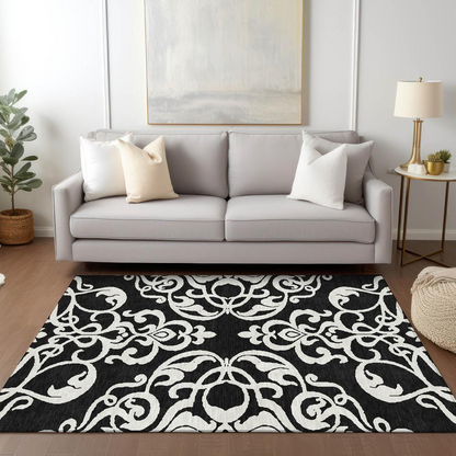 Start2Finish Chantille ACN973 black 9x12 rug with intricate pattern, soft texture, and plush appearance on a neutral background.