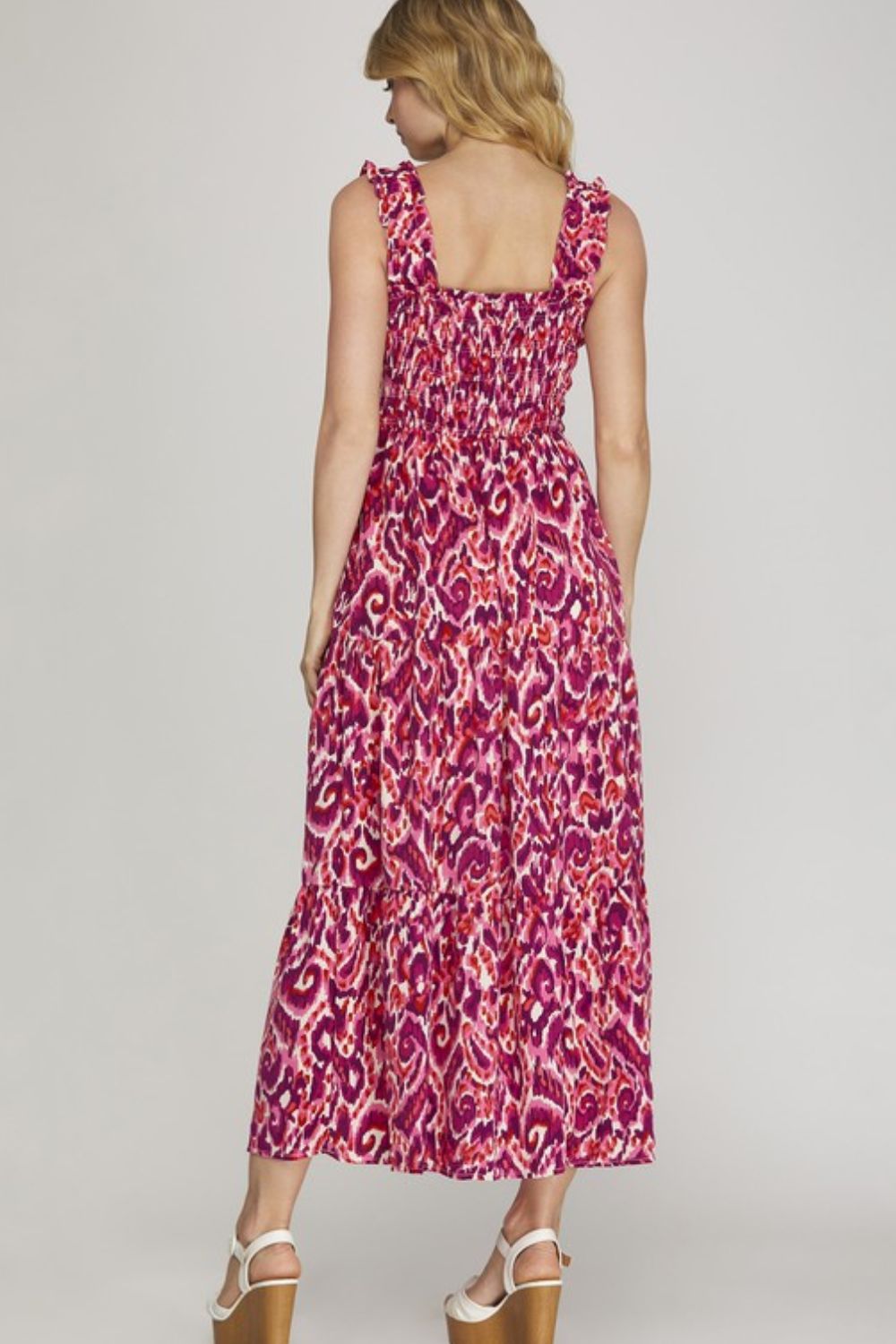 She + Sky full size smocked printed tiered dress by Jade Icarus, featuring wide straps and a colorful tiered design.