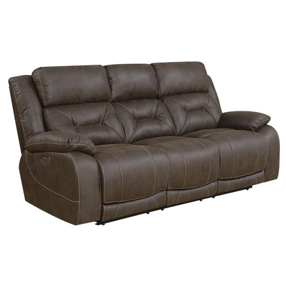 Start2Finish Aria Power Recliner Sofa in brown fabric with cushioned armrests and built-in recline feature.