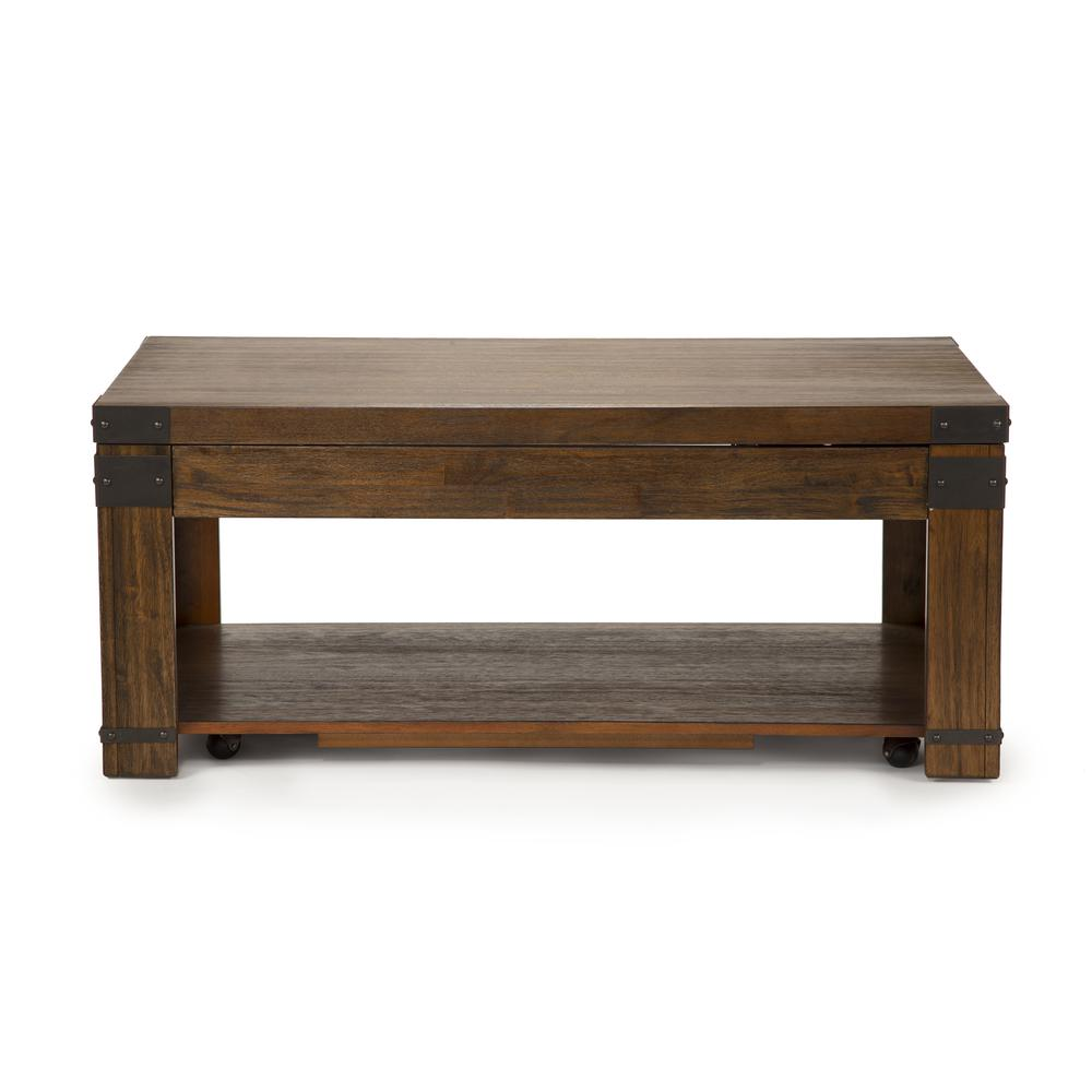 Start2Finish Arusha Lift Top Cocktail Table with wood finish, showing the open lift-top revealing storage space and sturdy design.