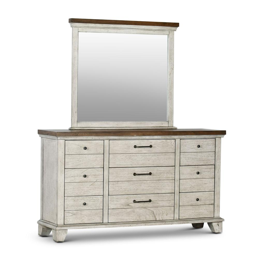 Start2Finish Bear Creek dresser with attached mirror, showcasing a wooden bedroom storage unit with multiple drawers and a matching mirror.