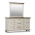 Start2Finish Bear Creek dresser with attached mirror, showcasing a wooden bedroom storage unit with multiple drawers and a matching mirror.