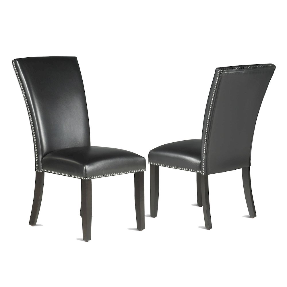 Pair of black PU side chairs from Start2Finish, modern design with sleek legs and comfortable seats.