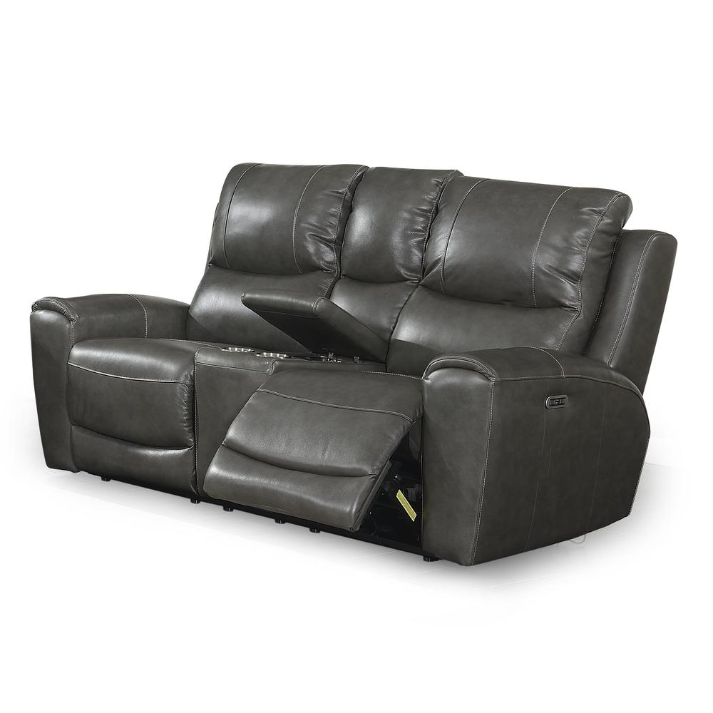 Start2Finish Laurel Pwr-Pwr Console Loveseat showing plush beige fabric, cushioned seats, and built-in console with cup holders.