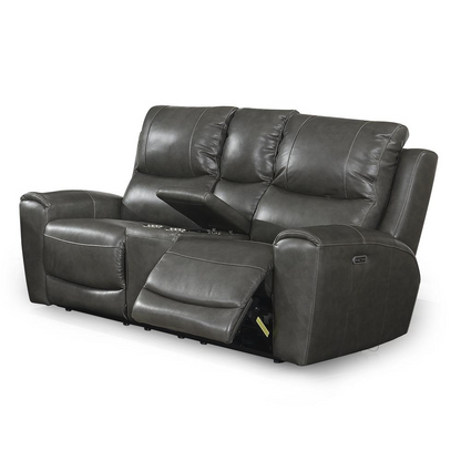 Start2Finish Laurel Pwr-Pwr Console Loveseat showing plush beige fabric, cushioned seats, and built-in console with cup holders.