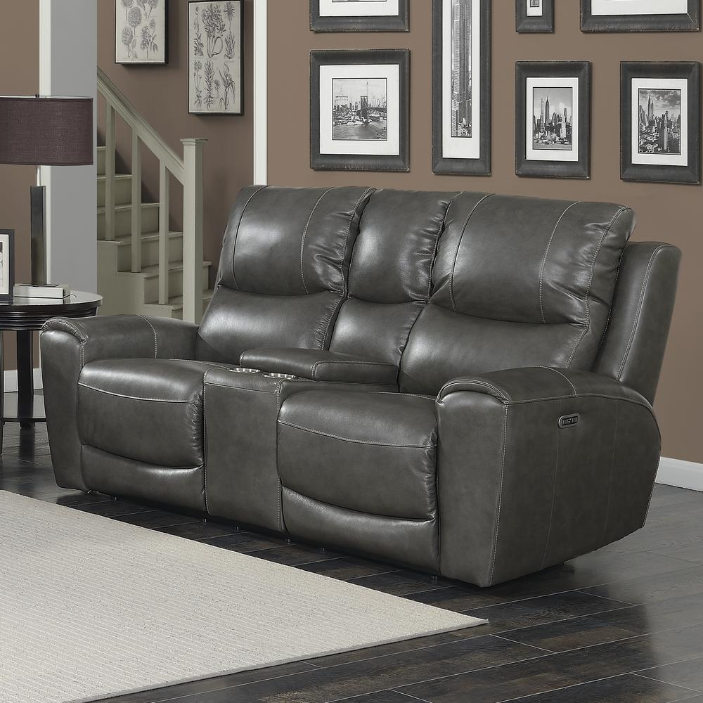 Start2Finish Laurel Pwr-Pwr console loveseat in beige fabric with cushioned arms and built-in console for comfort and convenience.