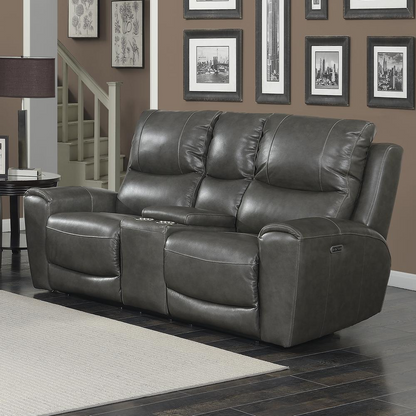 Start2Finish Laurel Pwr-Pwr console loveseat in beige fabric with cushioned arms and built-in console for comfort and convenience.