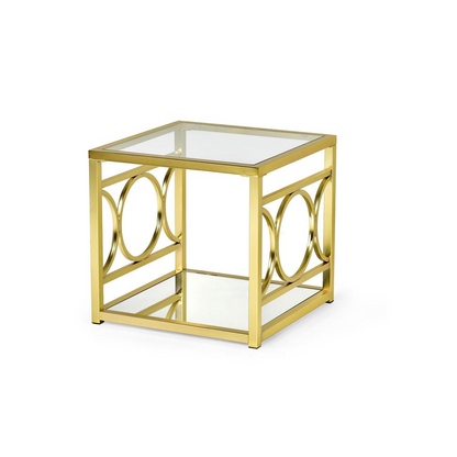 Start2Finish Olympia gold end table with a sleek, round tabletop and modern gold finish, showcasing its elegant design.