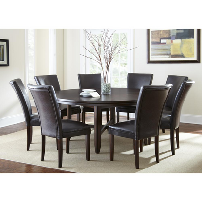 Start2Finish Hartford 72-inch dining set with nine brown chairs, wooden table and elegant dining room furniture.