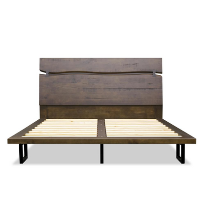 Start2Finish Pasco Queen Bed with a wooden frame and neutral upholstered headboard, shown in a modern bedroom setting.