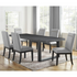 Yves black wooden dining table with six grey upholstered chairs, modern start2finish dining set on a hardwood floor.