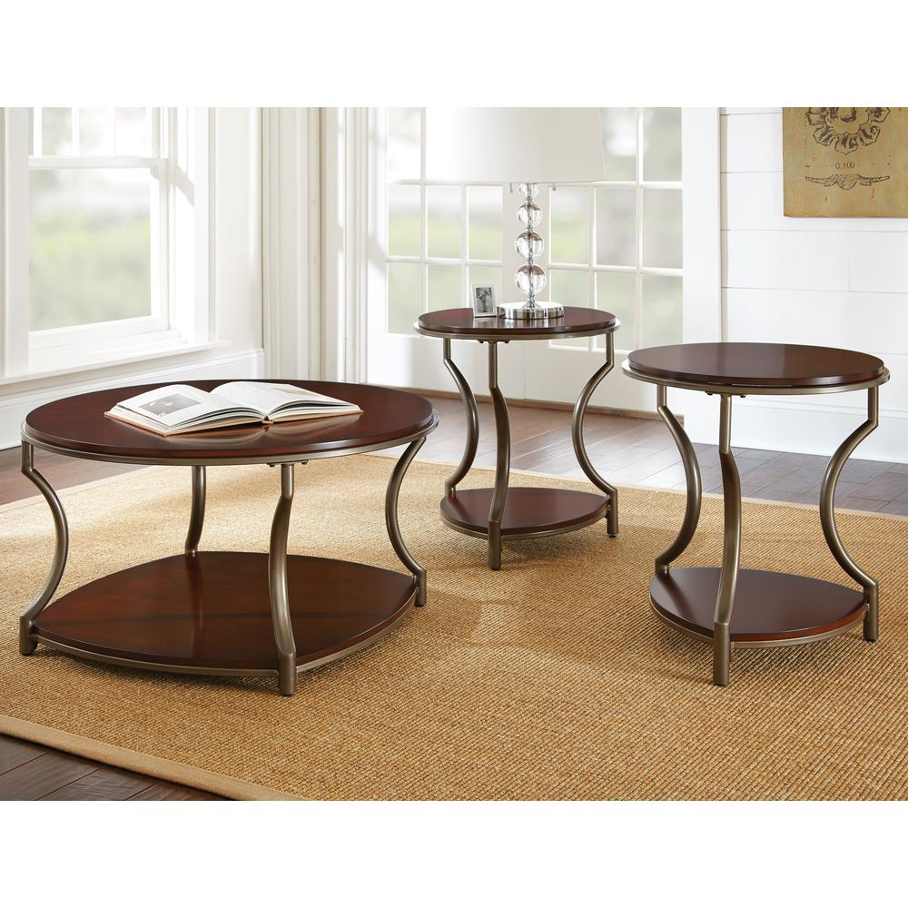 Miles round end table by Start2Finish featuring a wooden surface and sleek metal legs in a modern design.