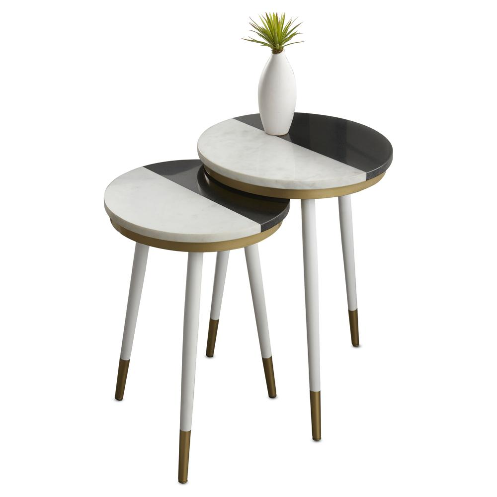 Start2Finish Taj 2-Pack marble top side tables showing sleek marble surfaces with wooden legs, modern furniture design.