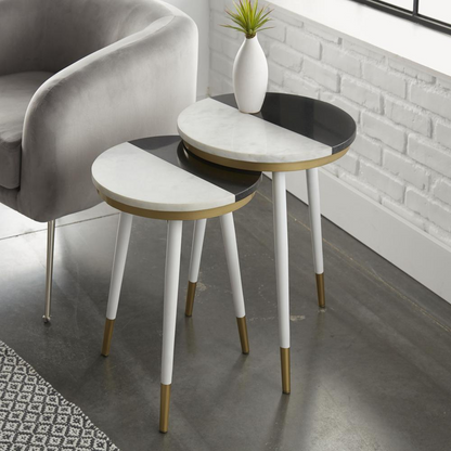Start2Finish Taj 2-Pack marble top side tables featuring sleek round marble surfaces and modern wooden legs.