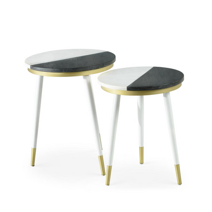 Start2Finish Taj 2-Pack marble top side tables with wooden legs, featuring a sleek, modern design and smooth marble surfaces.
