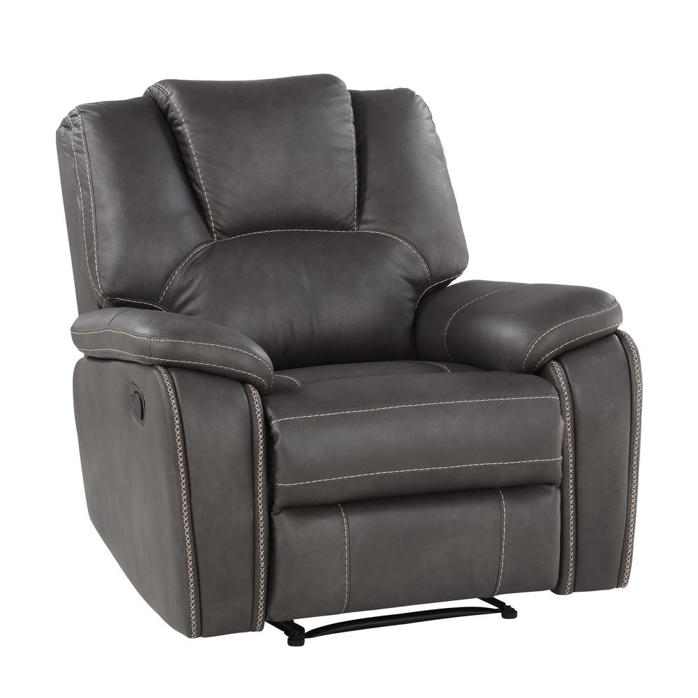 Katrine manual recliner chair in charcoal fabric, featuring plush cushioning and a sturdy wooden frame for comfortable seating.