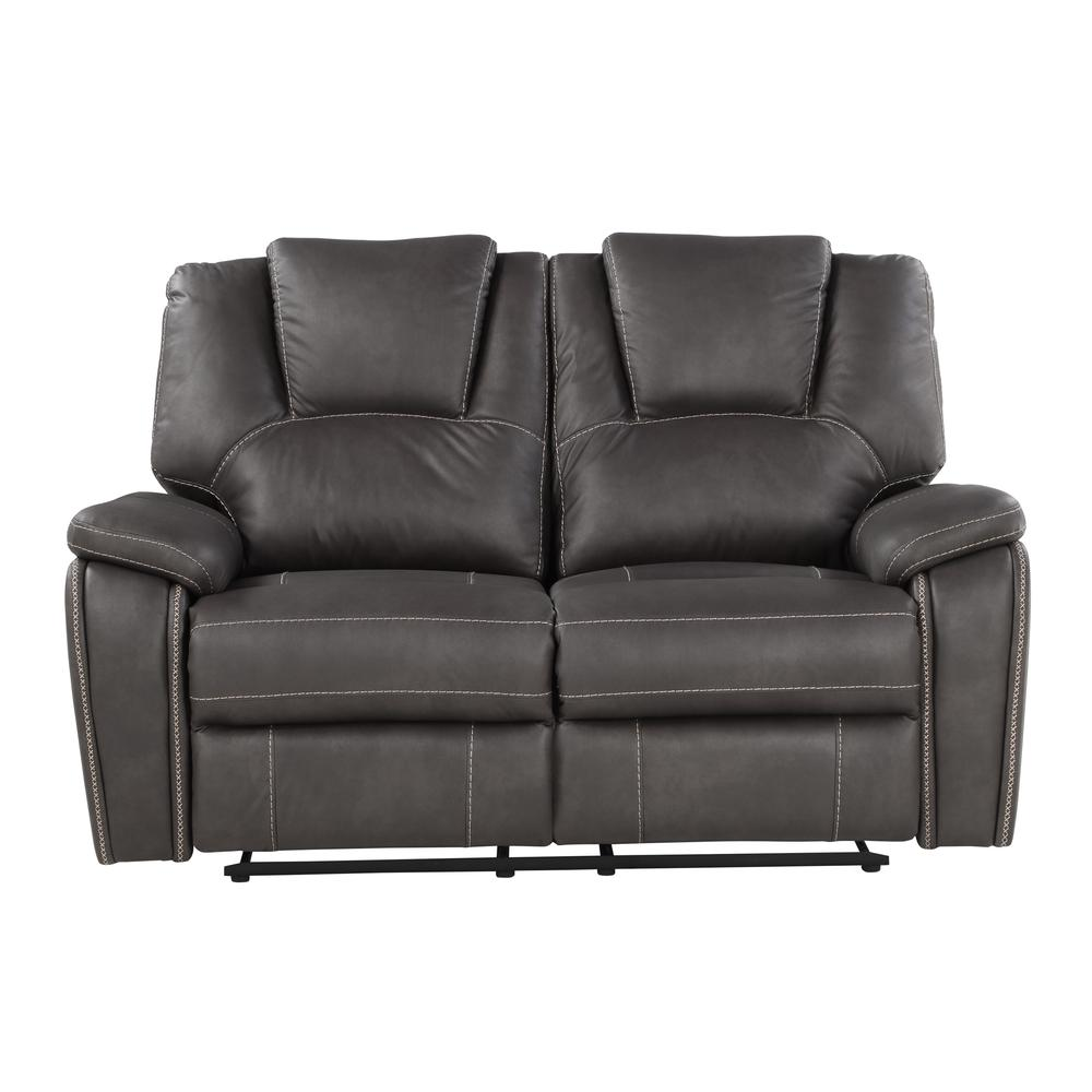 Katrine Charcoal manual loveseat by Start2Finish with plush fabric, cushioned armrests, and a modern compact design.