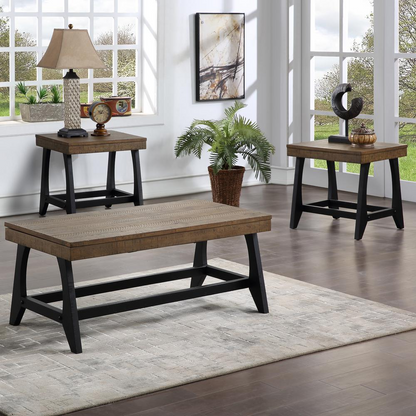 Start2Finish Ralston 3-piece occasional set with modern wooden tables and neutral fabric-upholstered chairs in a stylish living room setting.