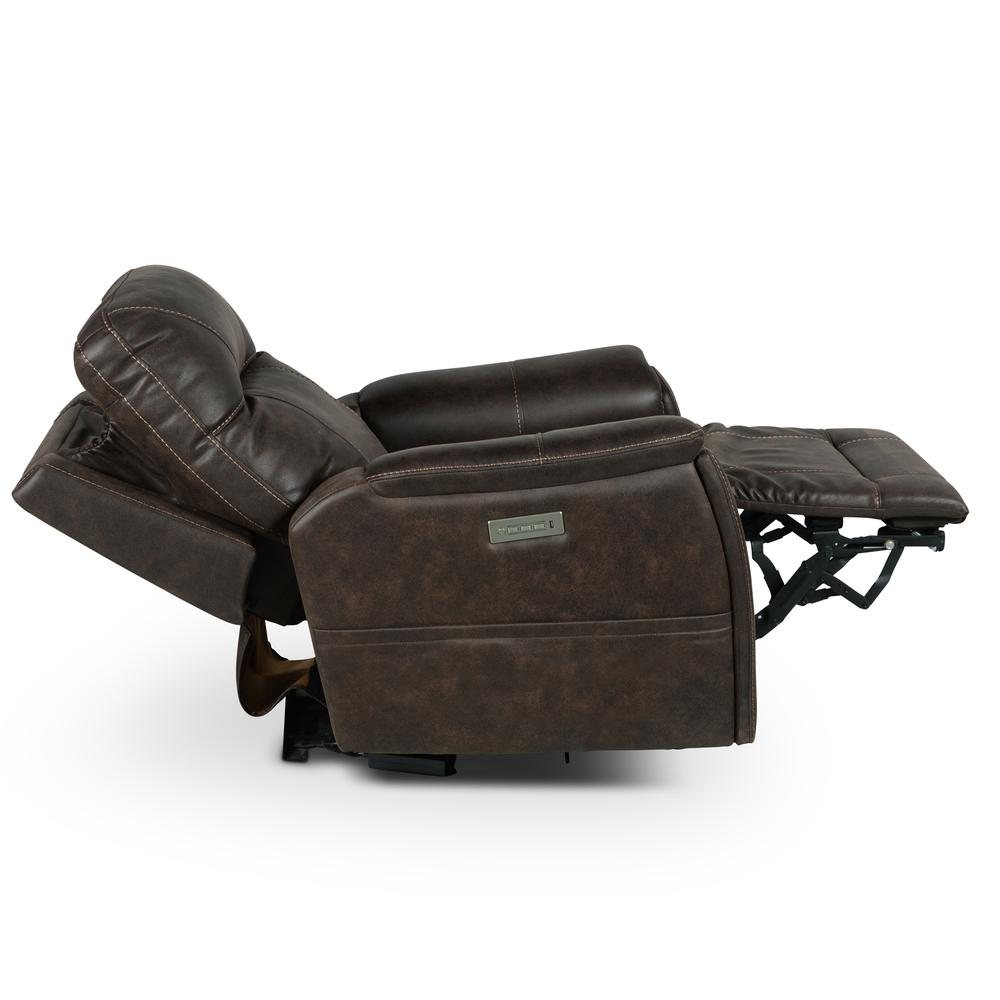 Start2Finish Lexington Power Media Recliner in dark gray fabric with padded armrests and built-in cup holders.