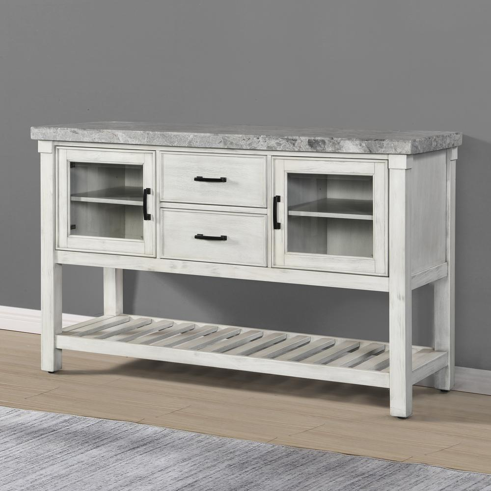 Canova gray marble top server by Start2Finish with wooden base and storage drawers, showcasing a stylish and elegant tabletop design.
