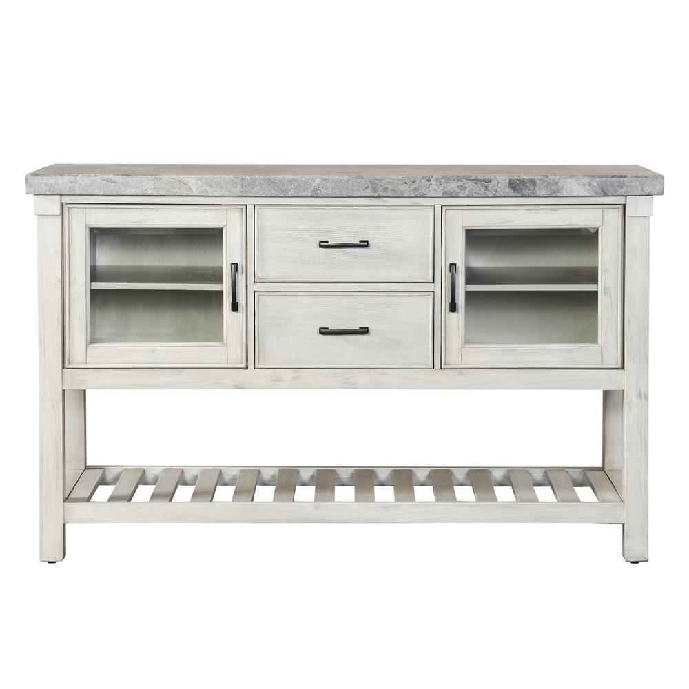 Canova gray marble top server by Start2Finish with wooden base and storage drawers, showcasing elegant marble and craftsmanship.